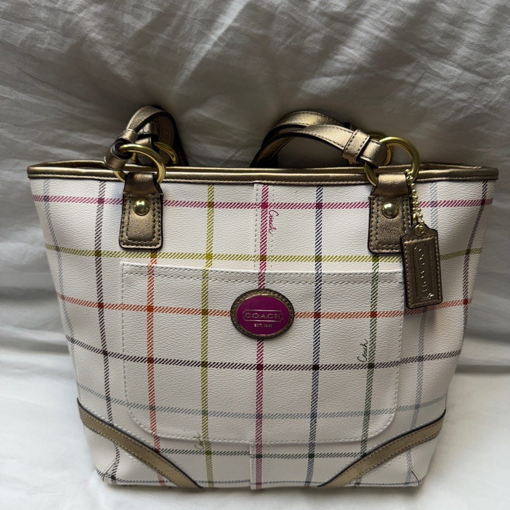Coach Multicolor Plaid Tote with Gold Accents